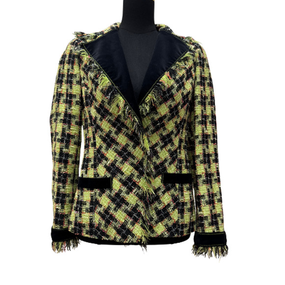 HIROKO KOSHINO Japanese Tweed Plaid Jacket Frayed Trim Velvet Collar Wool Blend - Picture 2 of 7
